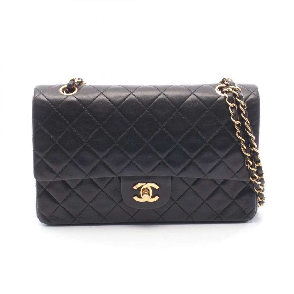 Chanel Matelasse Double Flap Shoulder Bag Lambskin Sheepskin Black
